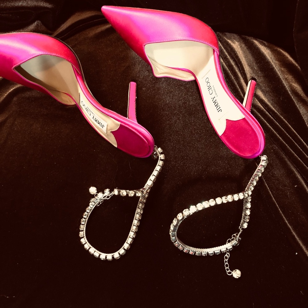 Jimmy Choo Fuchsia Satin Jeweled Slingback Mules - Picture 9 of 11